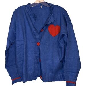 Blue Cardigan with Red Heart Accent